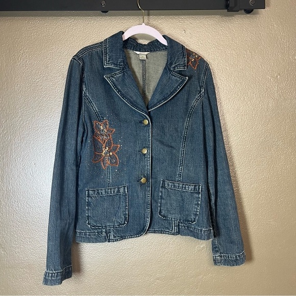 Christopher & Banks Jackets & Blazers - Christopher & Banks Blue Denim Jacket with Floral Accents